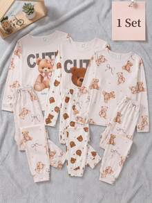 Tween Girl Bear Print Long Sleeve Top & Bear Print Long Pants Autumn/Winter Pullover Pajamas Homewear, Random 1 Set - Multicolor - View 4