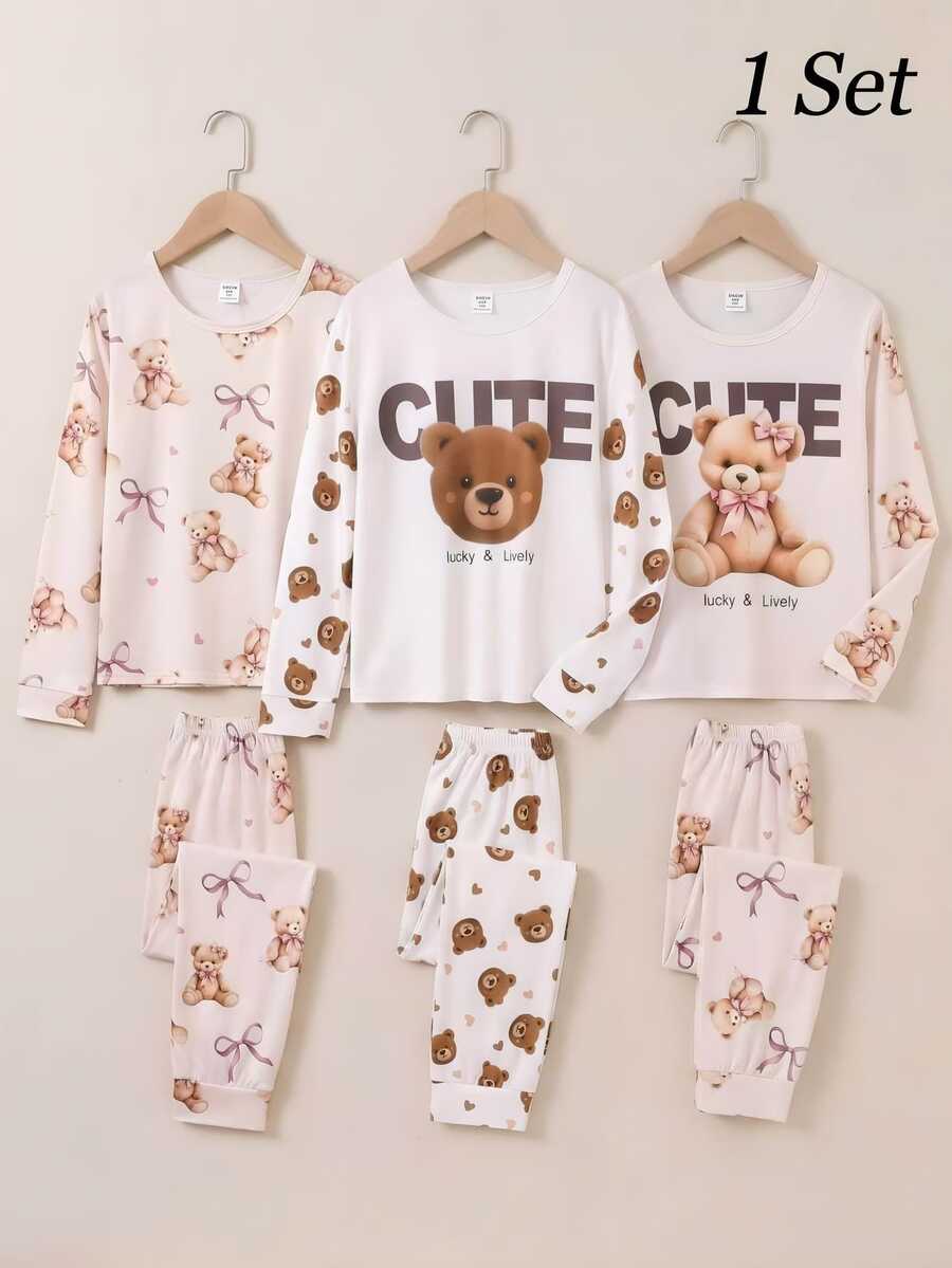 Tween Girl Bear Print Long Sleeve Top & Bear Print Long Pants Autumn/Winter Pullover Pajamas Homewear, Random 1 Set - Multicolor - View 1