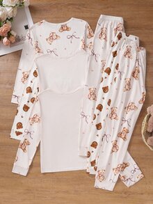 Tween Girl Bear Print Long Sleeve Top & Bear Print Long Pants Autumn/Winter Pullover Pajamas Homewear, Random 1 Set - Multicolor - View 2