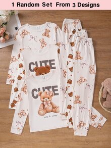 Tween Girl Bear Print Long Sleeve Top & Bear Print Long Pants Autumn/Winter Pullover Pajamas Homewear, Random 1 Set - Multicolor - View 5