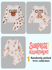 Tween Girl Bear Print Long Sleeve Top & Bear Print Long Pants Autumn/Winter Pullover Pajamas Homewear, Random 1 Set - Multicolor - View 7