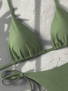 SHEIN Swim Basics Conjunto de bikini de tanga sexy con espalda descubierta y atar al cuello de unicolor para mujer - Verde - Ver 5