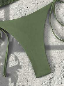 SHEIN Swim Basics Conjunto de bikini de tanga sexy con espalda descubierta y atar al cuello de unicolor para mujer - Verde - Ver 6