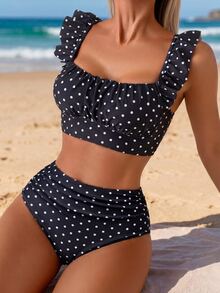 Swim Basics 两件套女士夏季沙滩优雅简约黑白波点荷叶边吊带褶皱上衣和高腰褶皱三角泳裤泳装套装 高腰比基尼套装 波点泳衣 高腰泳装套装 波点比基尼泳装两件套 - 黑與白 - 查看 3