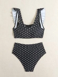 Swim Basics 两件套女士夏季沙滩优雅简约黑白波点荷叶边吊带褶皱上衣和高腰褶皱三角泳裤泳装套装 高腰比基尼套装 波点泳衣 高腰泳装套装 波点比基尼泳装两件套 - 黑與白 - 查看 6