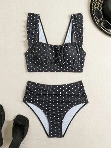 Swim Basics 两件套女士夏季沙滩优雅简约黑白波点荷叶边吊带褶皱上衣和高腰褶皱三角泳裤泳装套装 高腰比基尼套装 波点泳衣 高腰泳装套装 波点比基尼泳装两件套 - 黑與白 - 查看 5