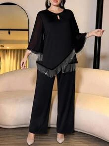 Reflora Plus Size Women Tassel Design Top And Long Pants Casual Daily 2 Pieces Set - Black - View 1