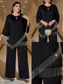 Reflora Plus Size Women Tassel Design Top And Long Pants Casual Daily 2 Pieces Set - Black - View 7