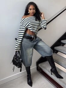 Alexandranx 女士春季哥特颓废风 Y2K 丘比特图案舒适不对称领口露肩长袖T恤，X Rafael Machado - 灰色 - 查看 4