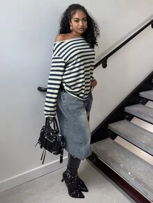 Alexandranx 女士春季哥特颓废风 Y2K 丘比特图案舒适不对称领口露肩长袖T恤，X Rafael Machado - 灰色 - 查看 5