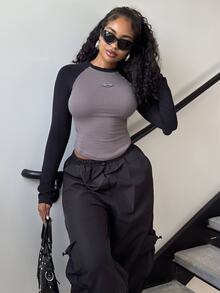 Alexandranx Letter Patched Colorblock Long Raglan Sleeve T-Shirt Y2k Long Sleeve Women Tops - Multicolor - View 3