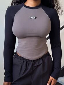 Alexandranx Letter Patched Colorblock Long Raglan Sleeve T-Shirt Y2k Long Sleeve Women Tops - Multicolor - View 6