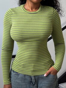Alexandranx Muted Rose Ribbed Striped Top, Perfect For Fall, Casual, Business And Everyday Wear. - Green - View 6