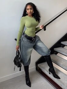 Alexandranx Muted Rose Ribbed Striped Top, Perfect For Fall, Casual, Business And Everyday Wear. - Green - View 4