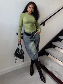 Alexandranx Muted Rose Ribbed Striped Top, Perfect For Fall, Casual, Business And Everyday Wear. - Green - View 3