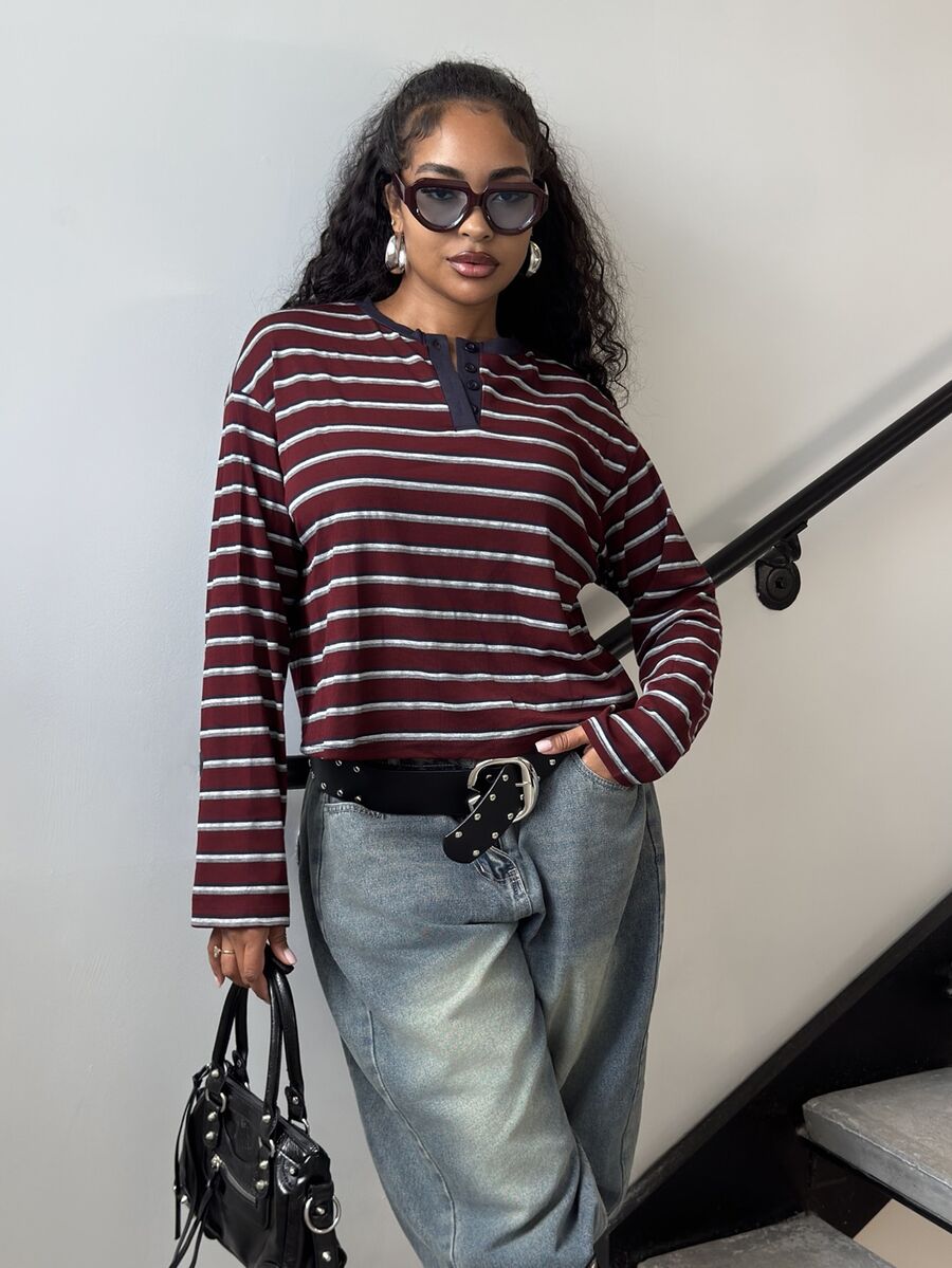 Alexandranx Striped Henley Top, Perfect For Summer, Fall, Casual, Vacation And Everyday Wear.