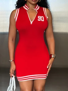 Alexandranx 女士红色学院风迷你连衣裙，无袖半拉链设计，饰有90图案印花和条纹滚边，修身剪裁，适合夏季穿着，亦可作为Y2K E-Girl休闲街头风派对连衣裙、女士夏季外出服、毕业礼服或度假装。 - 紅色 - 查看 6