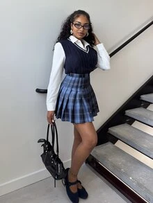 Alexandranx Plaid Print Pleated Skirt, School - Blue - View 5