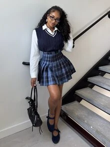 Alexandranx Plaid Print Pleated Skirt, School - Blue - View 4