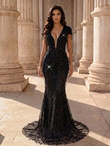 Coutiva Women's Shiny Tassel Design Mermaid Tail Elegant Waist-Cinching Ball Gown Evening Dress - Black - View 6
