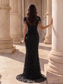 Coutiva Women's Shiny Tassel Design Mermaid Tail Elegant Waist-Cinching Ball Gown Evening Dress - Black - View 3