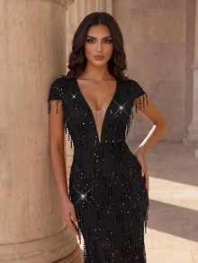Coutiva Women's Shiny Tassel Design Mermaid Tail Elegant Waist-Cinching Ball Gown Evening Dress - Black - View 4
