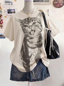 SHEIN Sparklyn 青少年女孩數位貓咪圖案短袖T恤 休閒街頭風舒適夏季針織簡約寬鬆白色上衣 可愛郵輪正式風 - 彩色 - 查看 2