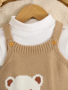 SHEIN Newborn Baby Boy & Girl Knitted Crawler Romper, Overalls, Jumpsuit, One-Piece Outfit, Autumn/Winter, Bear Pattern, Cute Cartoon - Khaki - View 4
