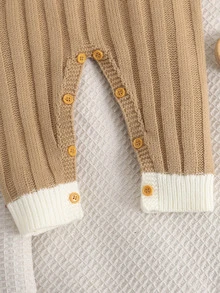 SHEIN Newborn Baby Boy & Girl Knitted Crawler Romper, Overalls, Jumpsuit, One-Piece Outfit, Autumn/Winter, Bear Pattern, Cute Cartoon - Khaki - View 5