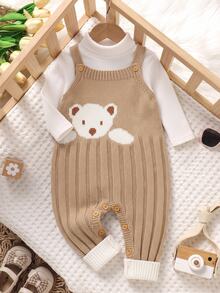 SHEIN Newborn Baby Boy & Girl Knitted Crawler Romper, Overalls, Jumpsuit, One-Piece Outfit, Autumn/Winter, Bear Pattern, Cute Cartoon - Khaki - View 6