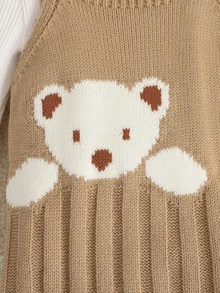 SHEIN Newborn Baby Boy & Girl Knitted Crawler Romper, Overalls, Jumpsuit, One-Piece Outfit, Autumn/Winter, Bear Pattern, Cute Cartoon - Khaki - View 3