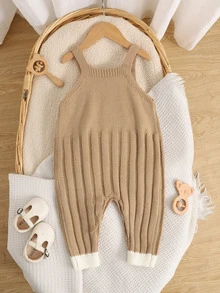 SHEIN Newborn Baby Boy & Girl Knitted Crawler Romper, Overalls, Jumpsuit, One-Piece Outfit, Autumn/Winter, Bear Pattern, Cute Cartoon - Khaki - View 2