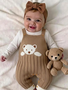 SHEIN Newborn Baby Boy & Girl Knitted Crawler Romper, Overalls, Jumpsuit, One-Piece Outfit, Autumn/Winter, Bear Pattern, Cute Cartoon - Khaki - View 1