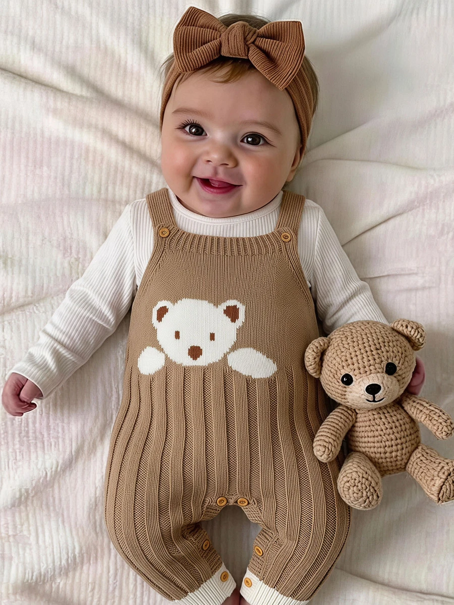 SHEIN Newborn Baby Boy & Girl Knitted Crawler Romper, Overalls, Jumpsuit, One-Piece Outfit, Autumn/Winter, Bear Pattern, Cute Cartoon - Khaki - View 1