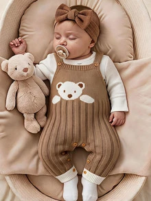 SHEIN Newborn Baby Boy & Girl Knitted Crawler Romper, Overalls, Jumpsuit, One-Piece Outfit, Autumn/Winter, Bear Pattern, Cute Cartoon - Khaki - View 7