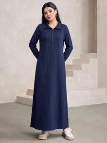 Graceveil Collared Half-Zip Jacquard Pattern Long Casual Modest Loose Sweatshirt Dress Everyday Home House Navy Blue Autumn - Navy Blue - View 7