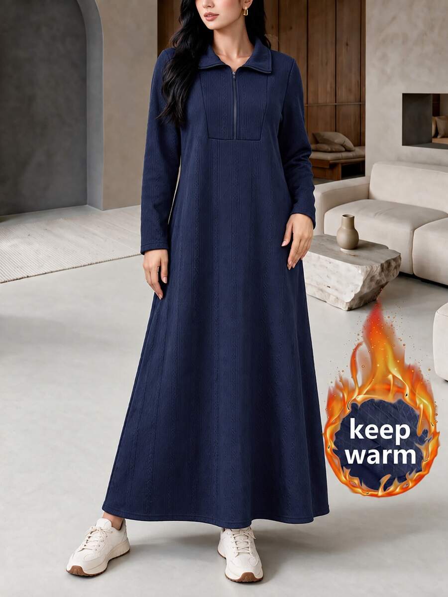 Graceveil Collared Half-Zip Jacquard Pattern Long Casual Modest Loose Sweatshirt Dress Everyday Home House Navy Blue Autumn - Navy Blue - View 1