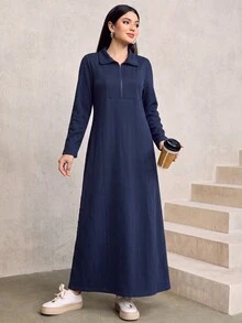 Graceveil Collared Half-Zip Jacquard Pattern Long Casual Modest Loose Sweatshirt Dress Everyday Home House Navy Blue Autumn - Navy Blue - View 4