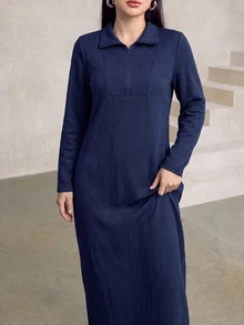 Graceveil Collared Half-Zip Jacquard Pattern Long Casual Modest Loose Sweatshirt Dress Everyday Home House Navy Blue Autumn - Navy Blue - View 6