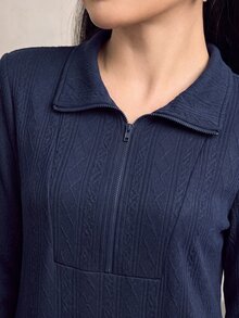 Graceveil Collared Half-Zip Jacquard Pattern Long Casual Modest Loose Sweatshirt Dress Everyday Home House Navy Blue Autumn - Navy Blue - View 5
