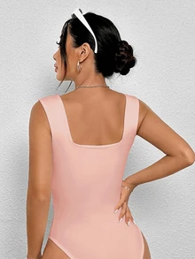 SHEIN PETITE Solid Scoop Neck Tank Black Bodysuit ,Petite Women - Baby Pink - View 2