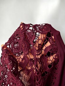 Vionelle 女款細肩帶蕾絲拼接腰部綁帶酒紅色優雅洋裝，適合雞尾酒會 - 酒紅色 - 查看 5