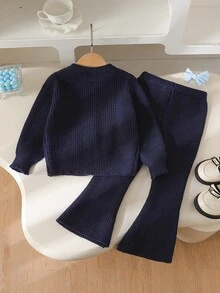 女童前開扣印花針織衫套裝 秋季母女款 嬰兒洗禮圓領長袖上衣與長褲 刺繡蝴蝶結 - 藍色 - 查看 2