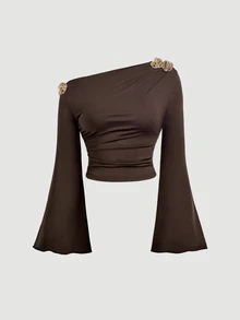 SHEIN MOD Plus Size Brown Asymmetrical Shoulder Bell Sleeve T-Shirt, Elegant Versatile Top, Daily Commute Outfit - Brown - View 5