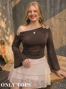 SHEIN MOD Plus Size Brown Asymmetrical Shoulder Bell Sleeve T-Shirt, Elegant Versatile Top, Daily Commute Outfit - Brown - View 1