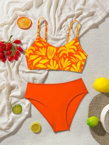 SHEIN Swim Women's Summer Beach Floral Print Spaghetti Strap Fashionable Bikini Swimwear Set - Burnt Orange - View 4