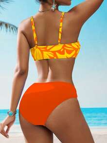 SHEIN Swim Women's Summer Beach Floral Print Spaghetti Strap Fashionable Bikini Swimwear Set - Burnt Orange - View 2