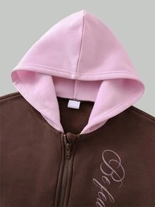 SHEIN ChillGRL 女童 2 件套 刷毛拉鍊連帽短夾克 + 直筒長褲套裝，適合日常休閒、Y2K、秋冬度假 - 粉色 - 查看 7