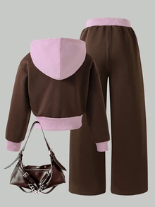 SHEIN ChillGRL 女童 2 件套 刷毛拉鍊連帽短夾克 + 直筒長褲套裝，適合日常休閒、Y2K、秋冬度假 - 粉色 - 查看 2