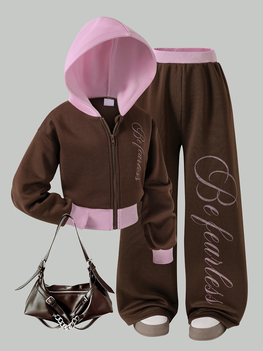 SHEIN ChillGRL 女童 2 件套 刷毛拉鍊連帽短夾克 + 直筒長褲套裝,適合日常休閒、Y2K、秋冬度假 - 粉色 - 查看 1